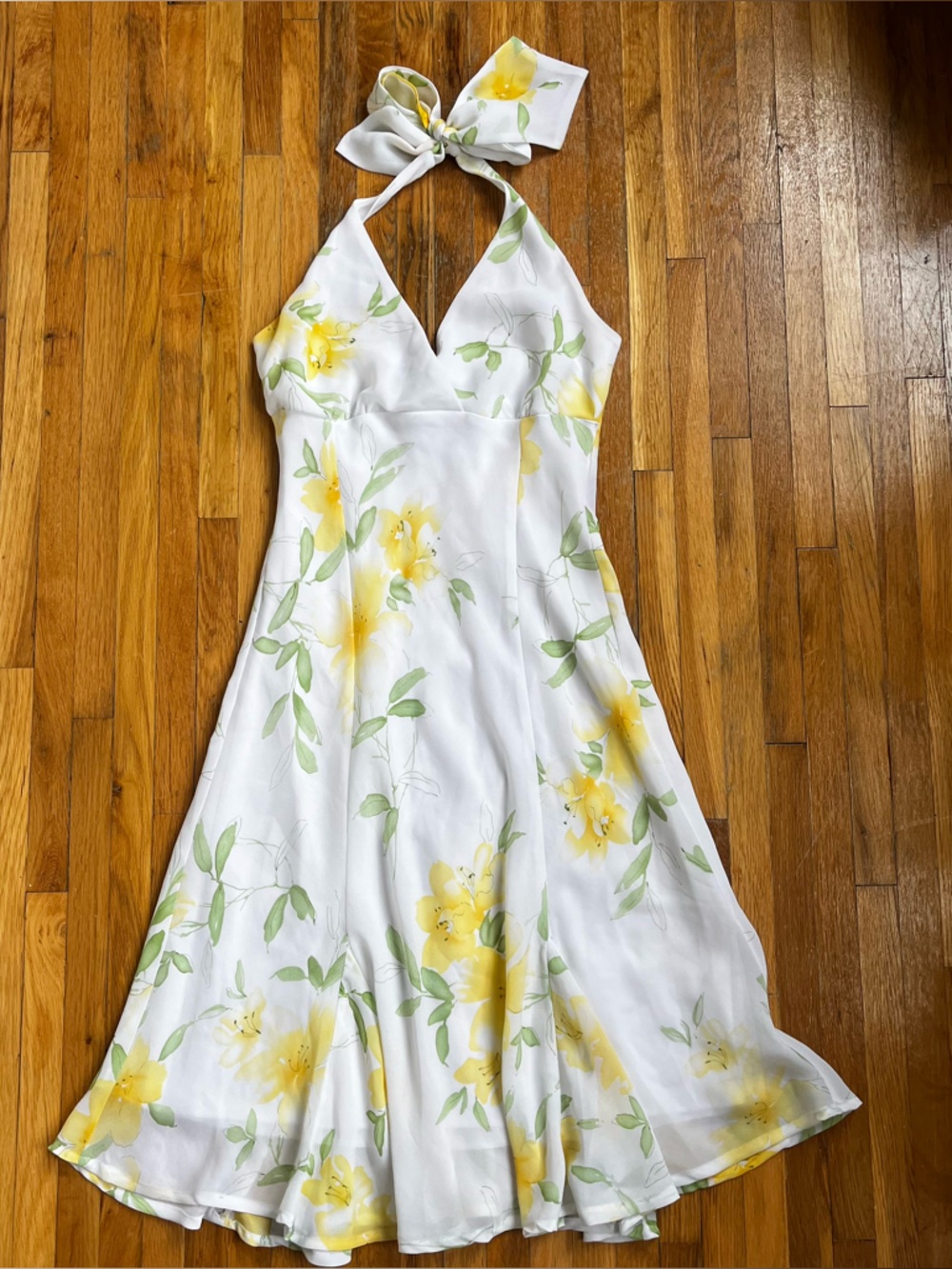 Y2K Mariposa Fairycore White Halter Floral Dress with Yellow and Green Print